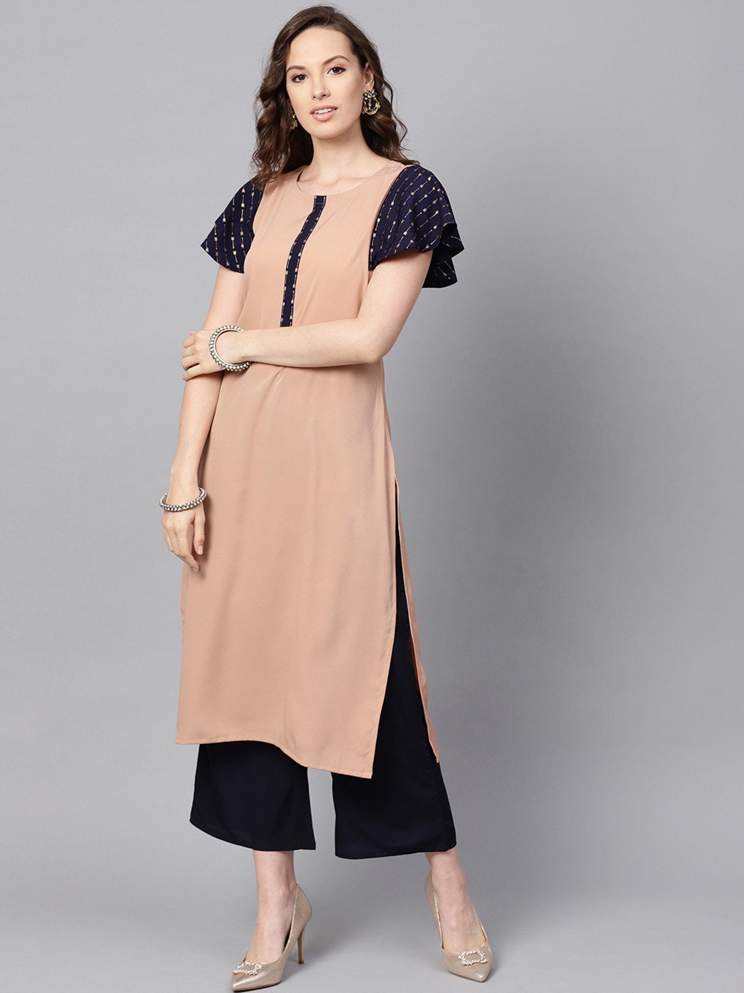 women's beige solid straight crepe kurta