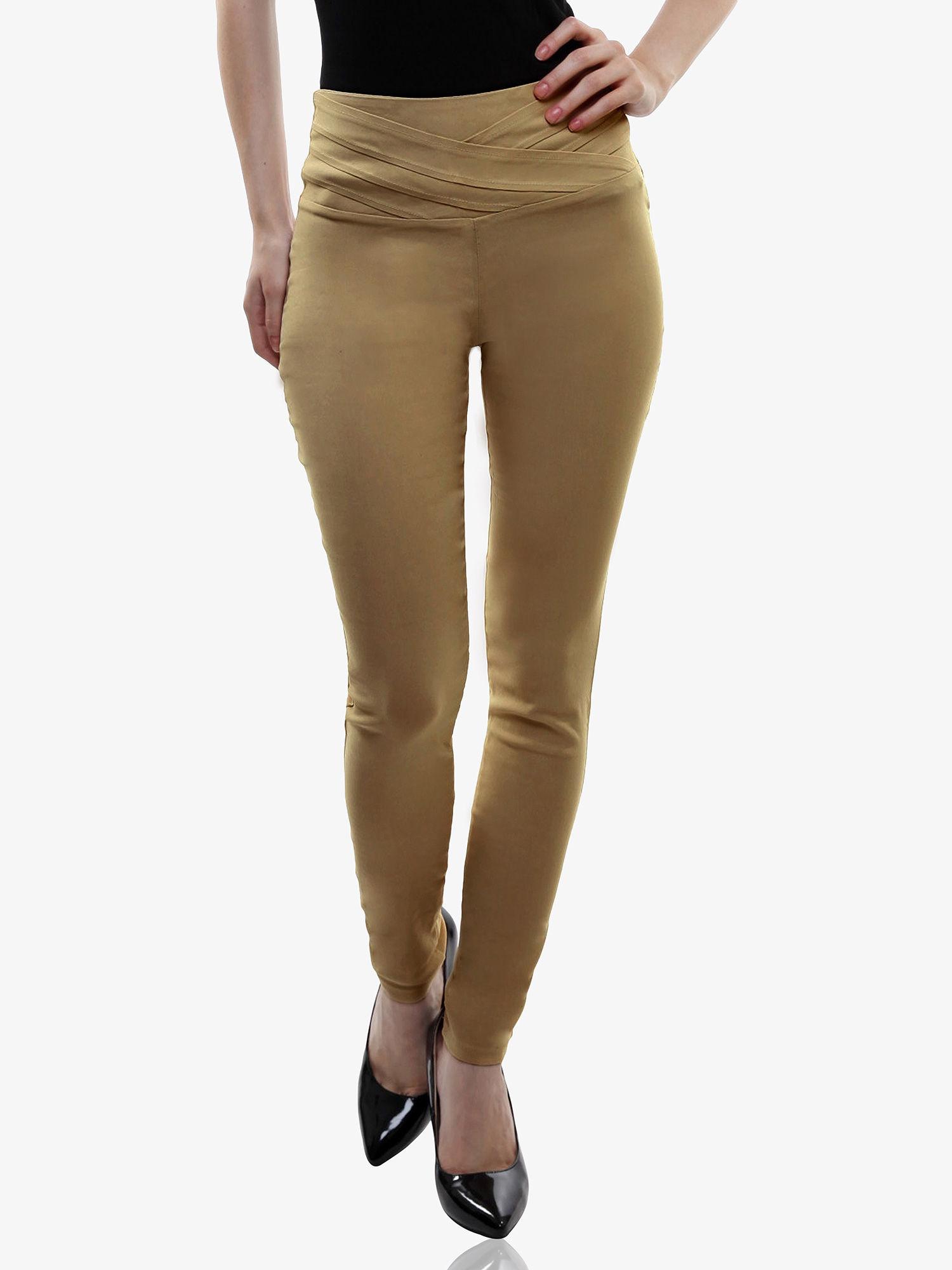 women's beige solid zippered fitted pants