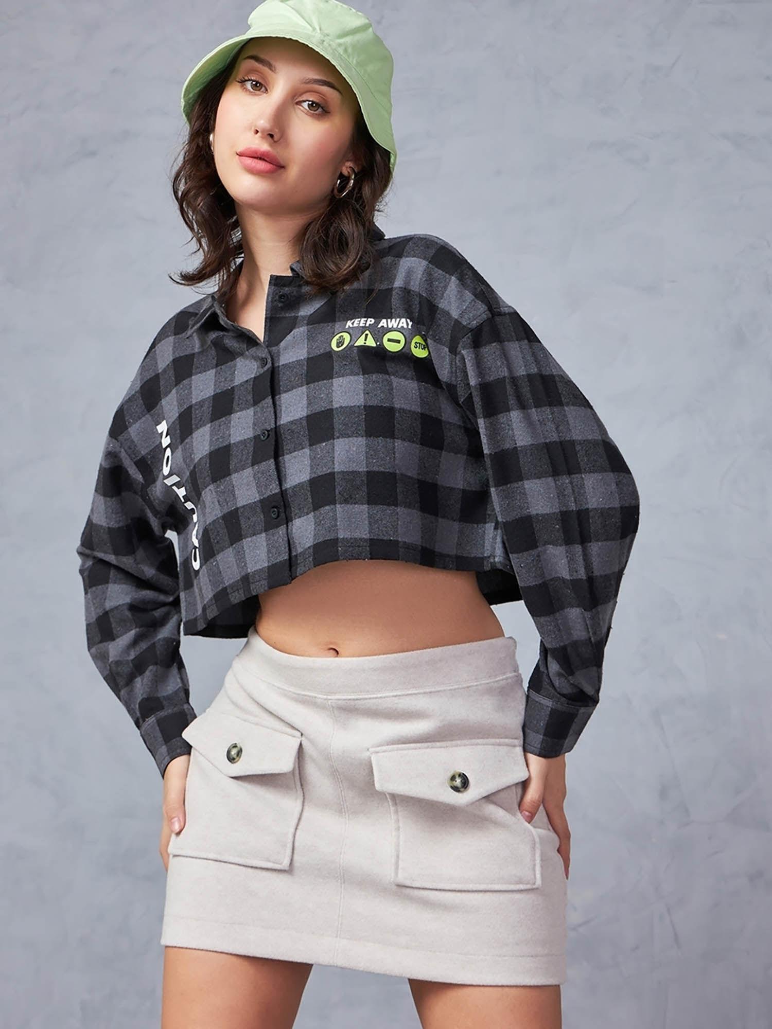 women's black & grey modern noise checked oversized cropped shirt