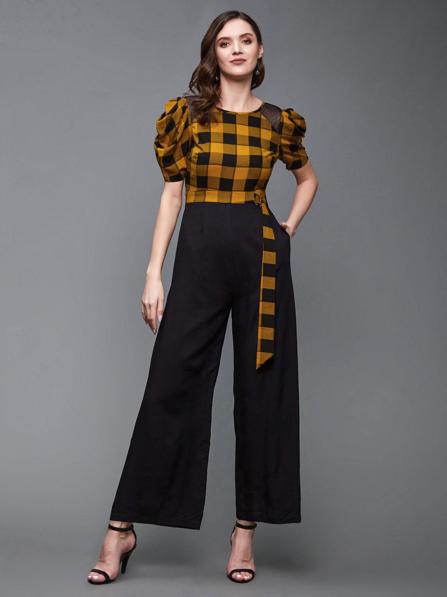 women's black & mustard round neck cowl sleeve regular length jumpsuit