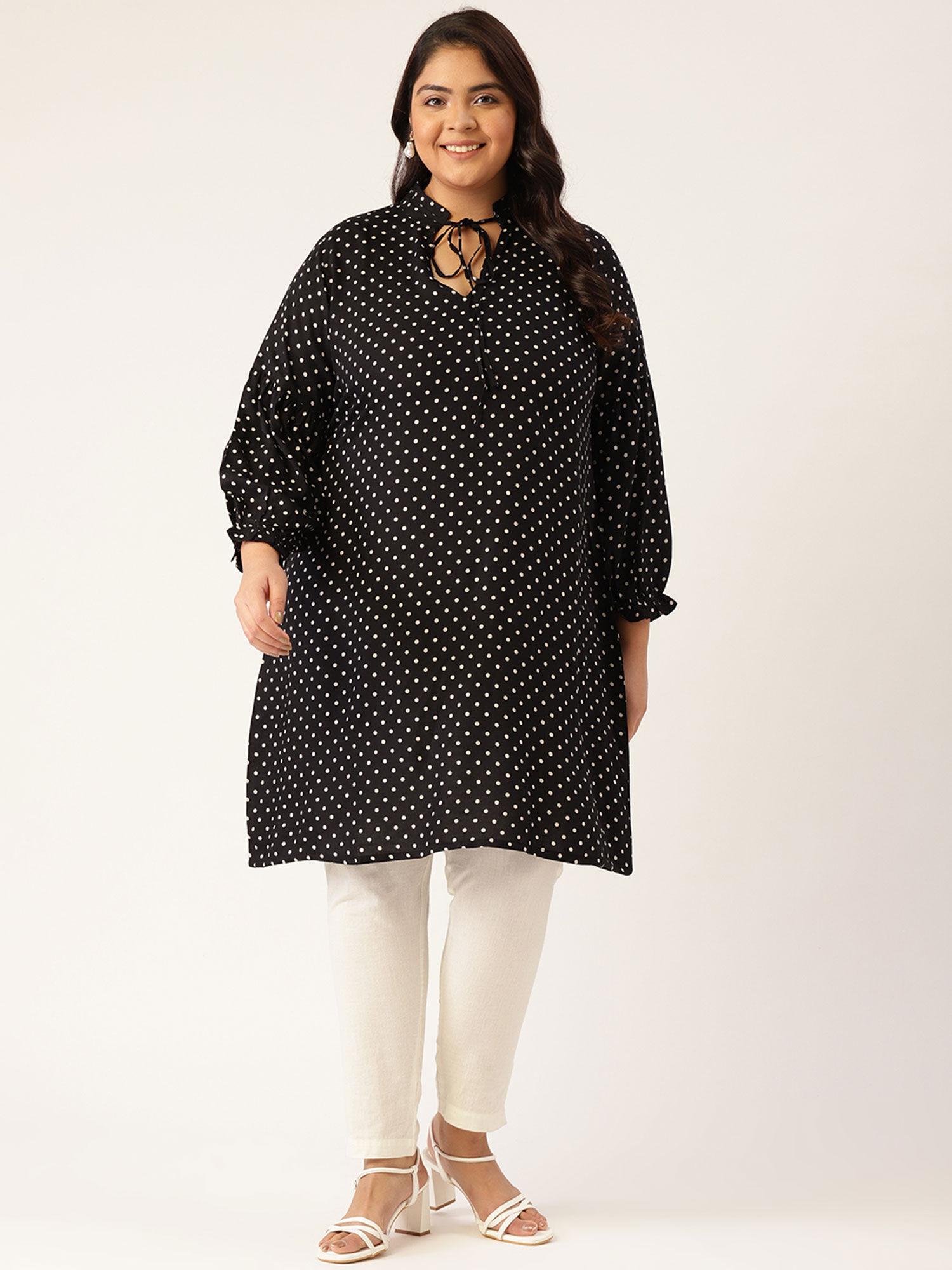 women's black & white polka dot printed notch neck tunic