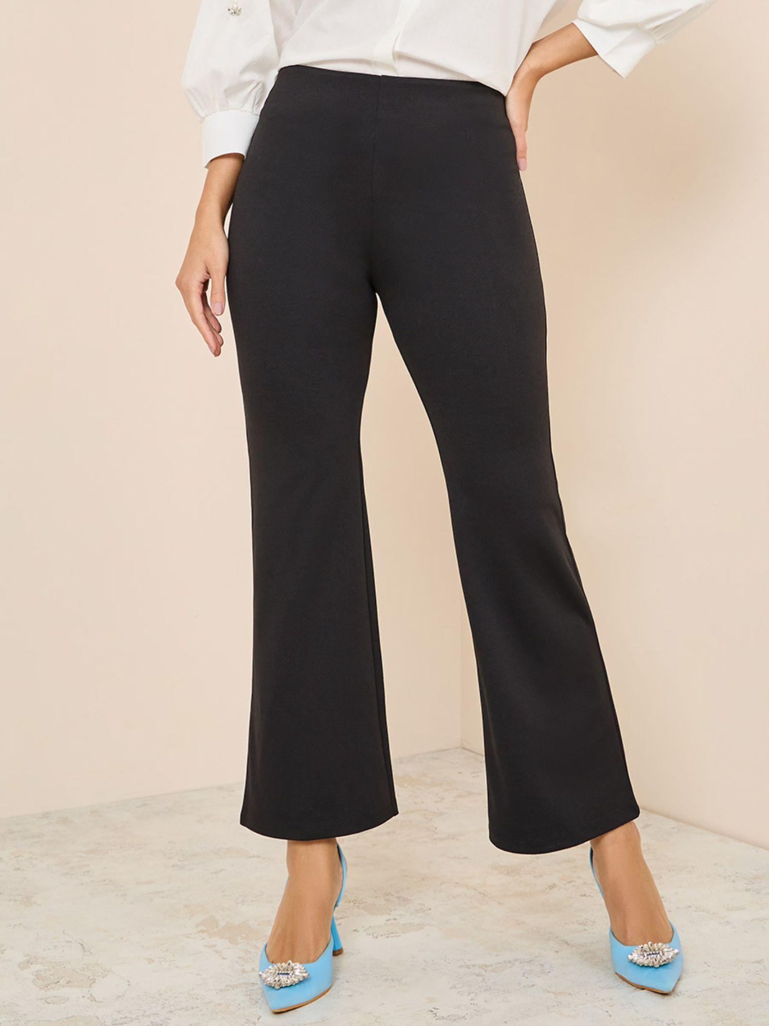 women's black 2 way stretch high rise flare leg knit pants