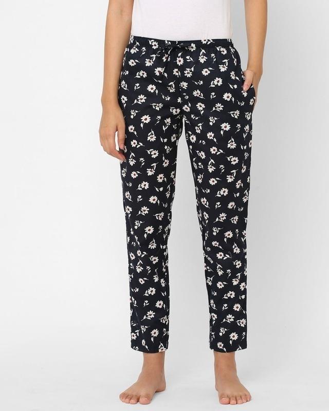 women's black all over floral printed cotton lounge pants