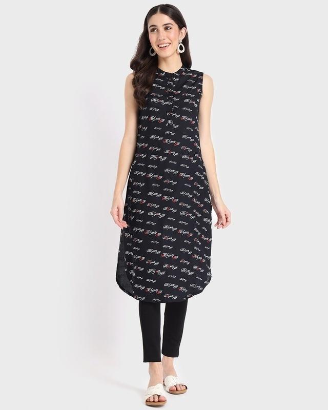 women's black all over just shut up printed long kurta