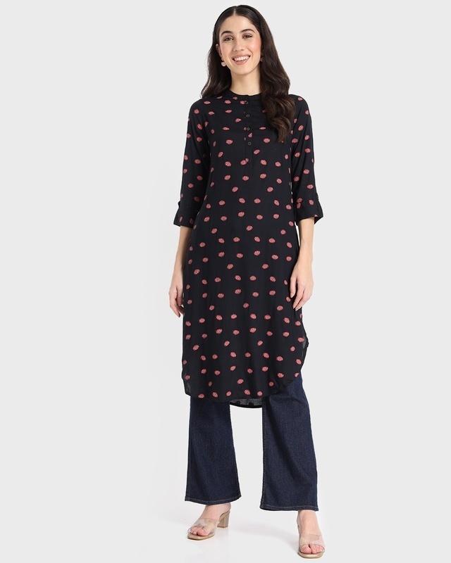 women's black all over printed long kurta