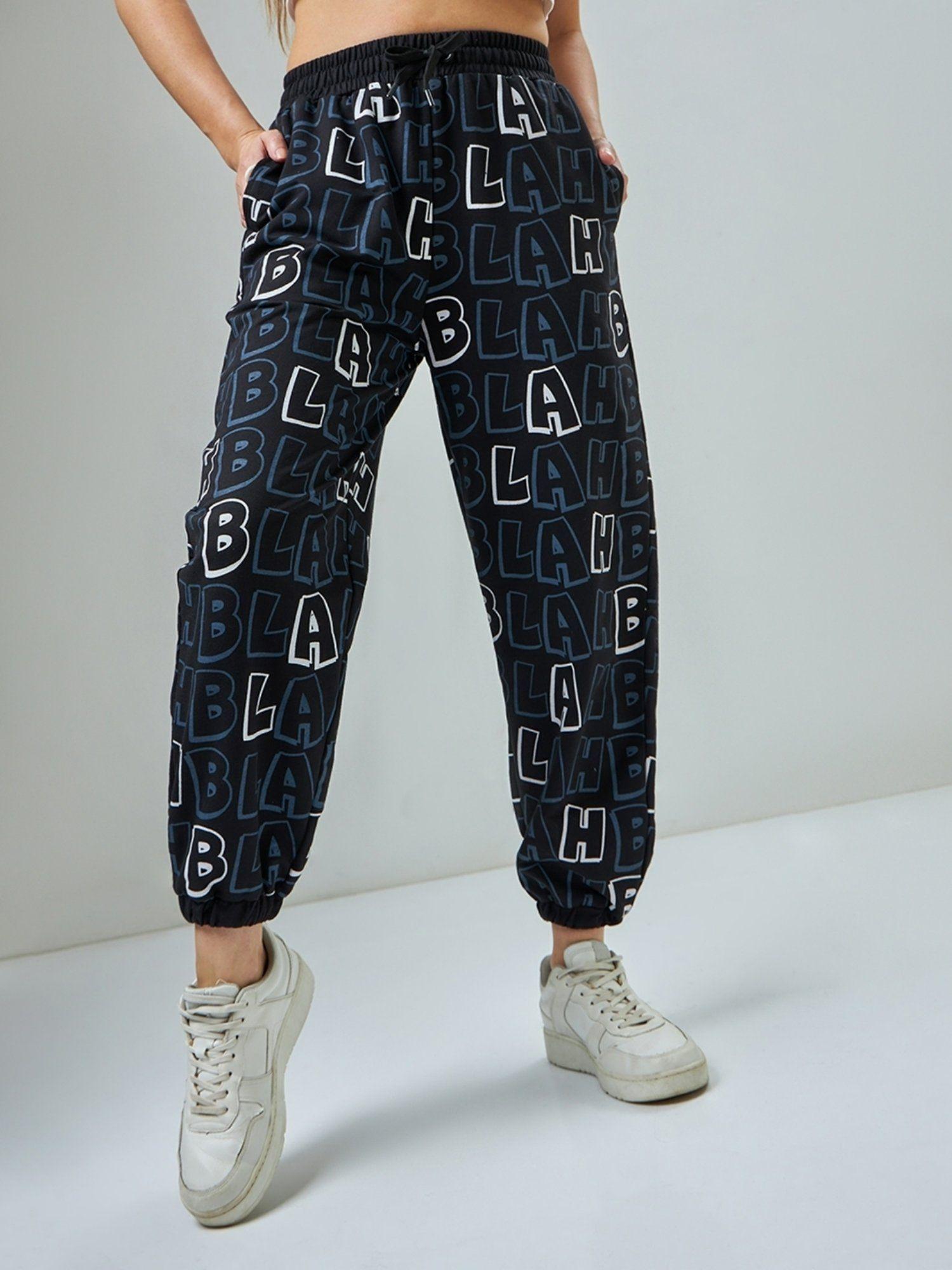 women's black all over printed oversized joggers