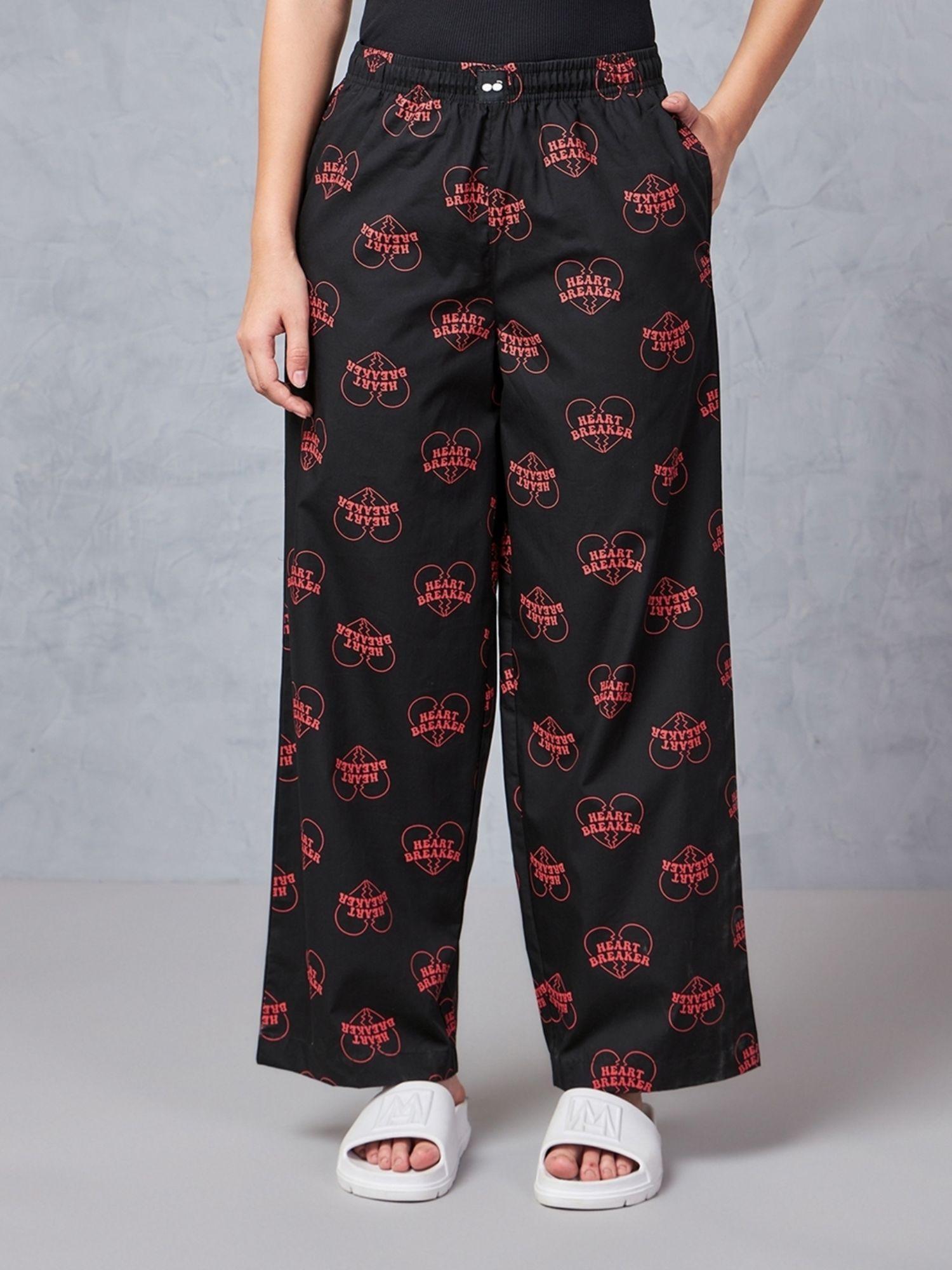 women's black all over printed oversized pyjamas