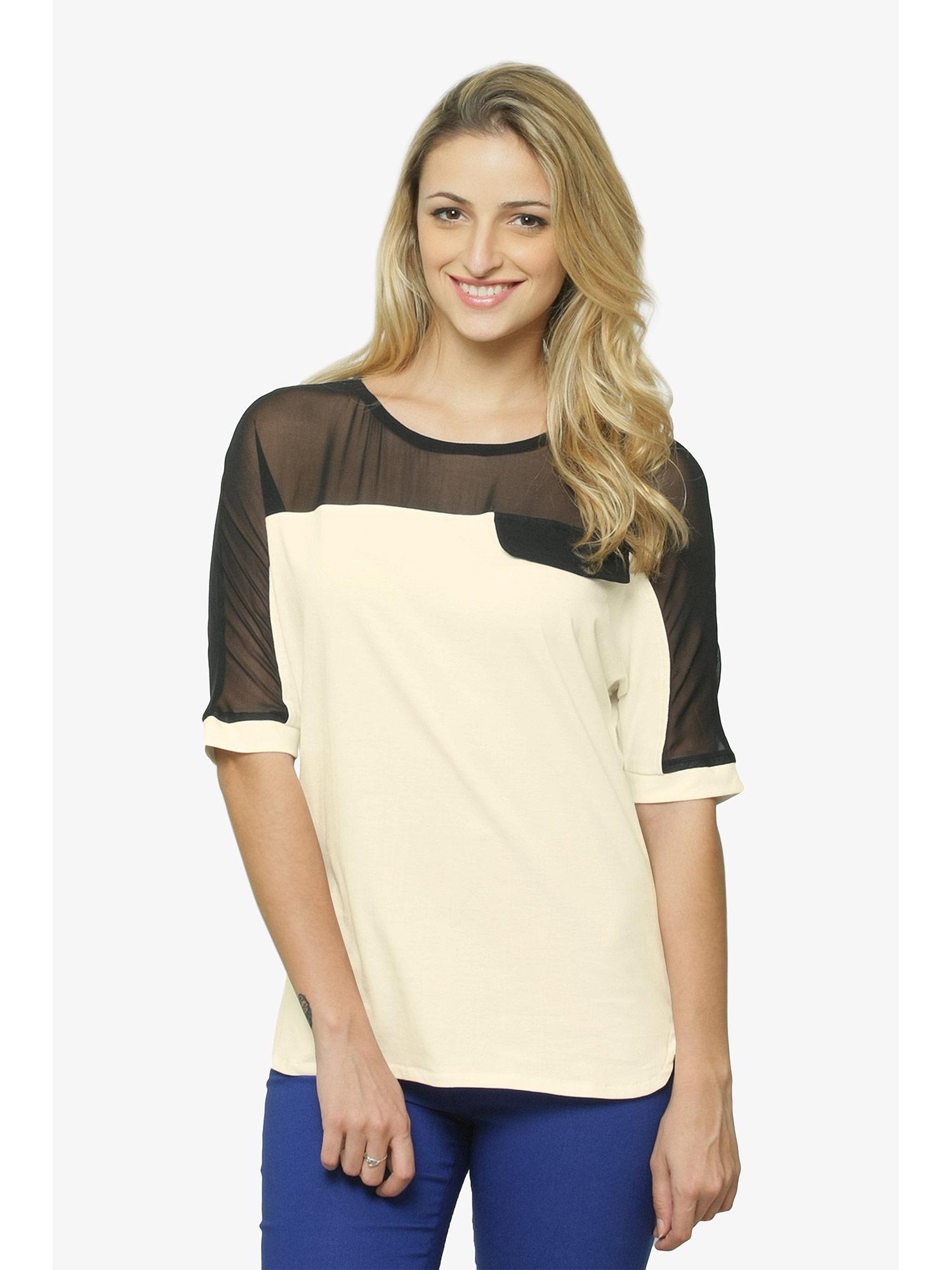 women's black and white round neck half sleeves color block top