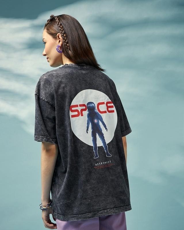 women's black astro space graphic printed oversized t-shirt