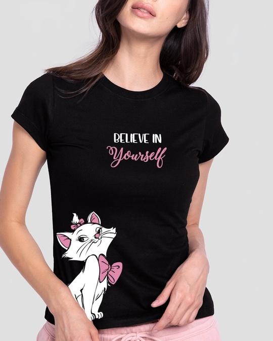 women's black believe cat graphic printed slim fit t-shirt