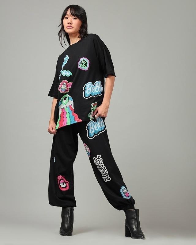 women's black bello minion graphic printed oversized co-ord set