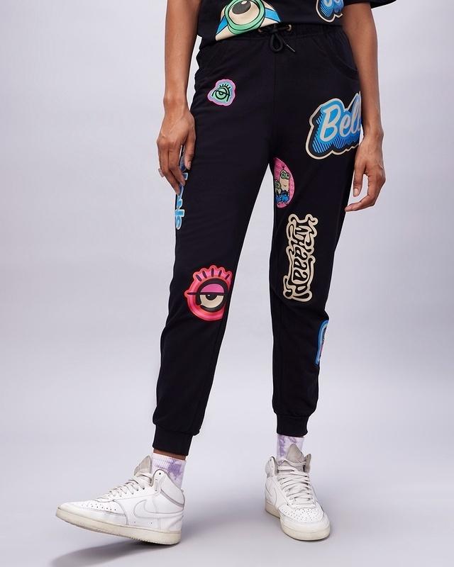 women's black bellow minion graphic printed super loose fit joggers