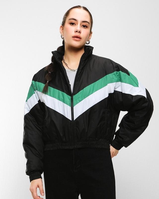 women's black color block oversized bomber jacket