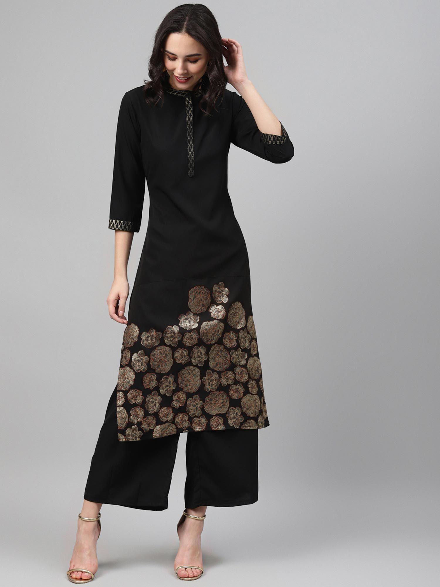 women's black color foil print straight kurta