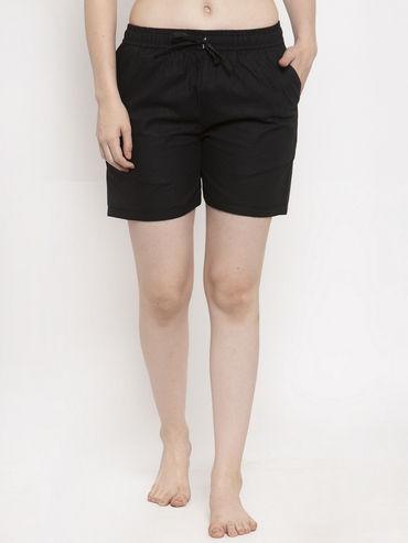 women's black cotton solid shorts
