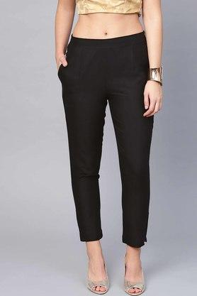 women's black cotton solid straight pants with side pocket - black