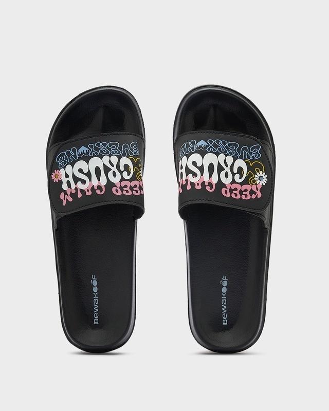 women's black crush everyone printed velcro sliders