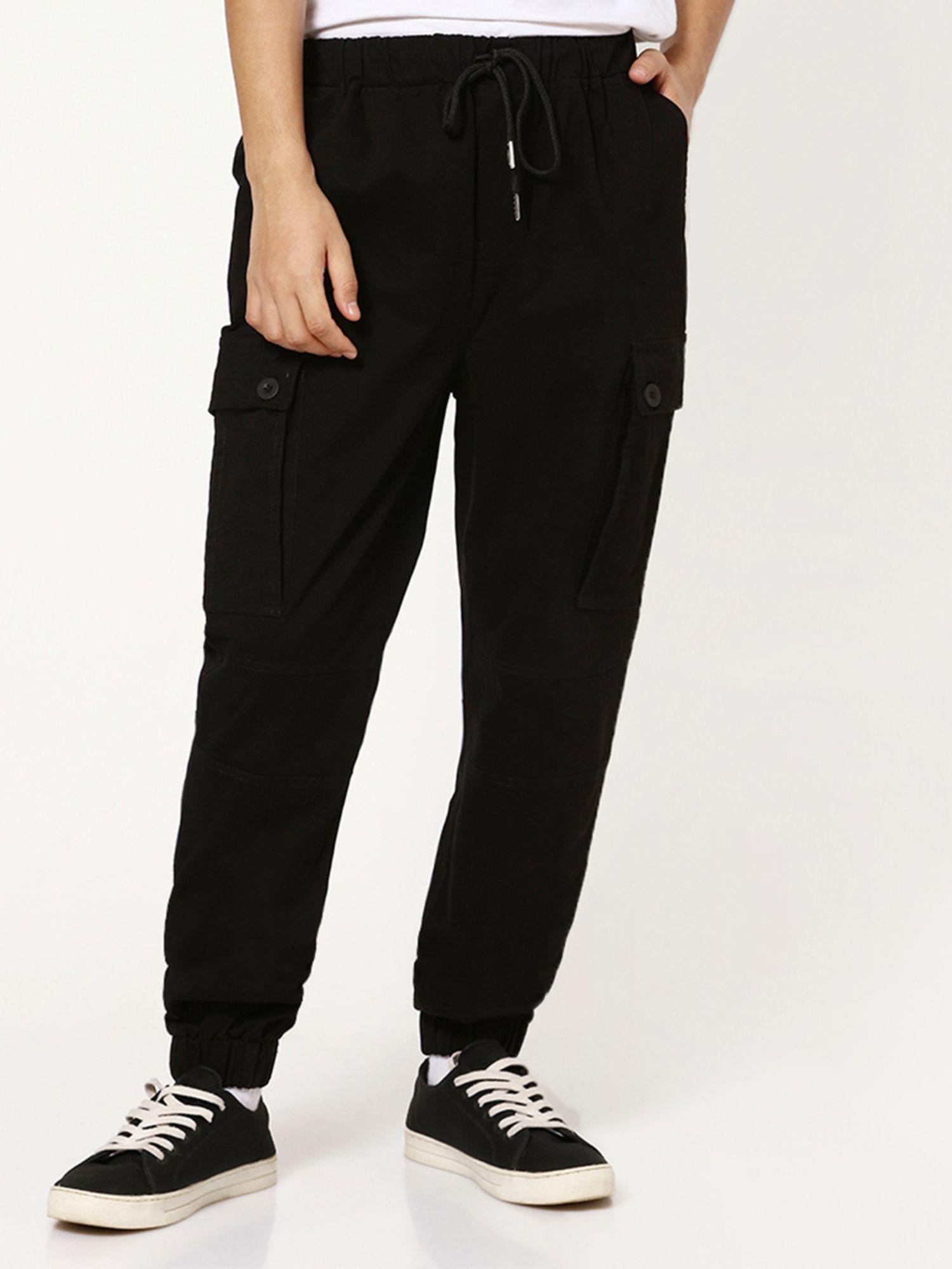 women's black elastic waistband cargo pants