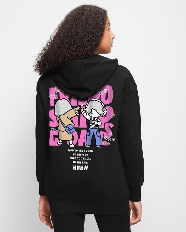 women's black extraordinary woo graphic printed oversized hoodies