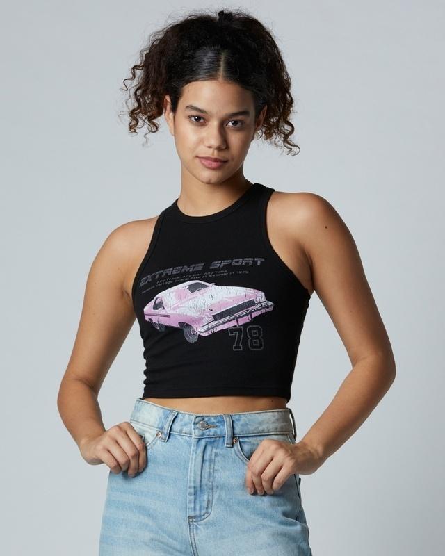 women's black extreme sport printed crop tank top