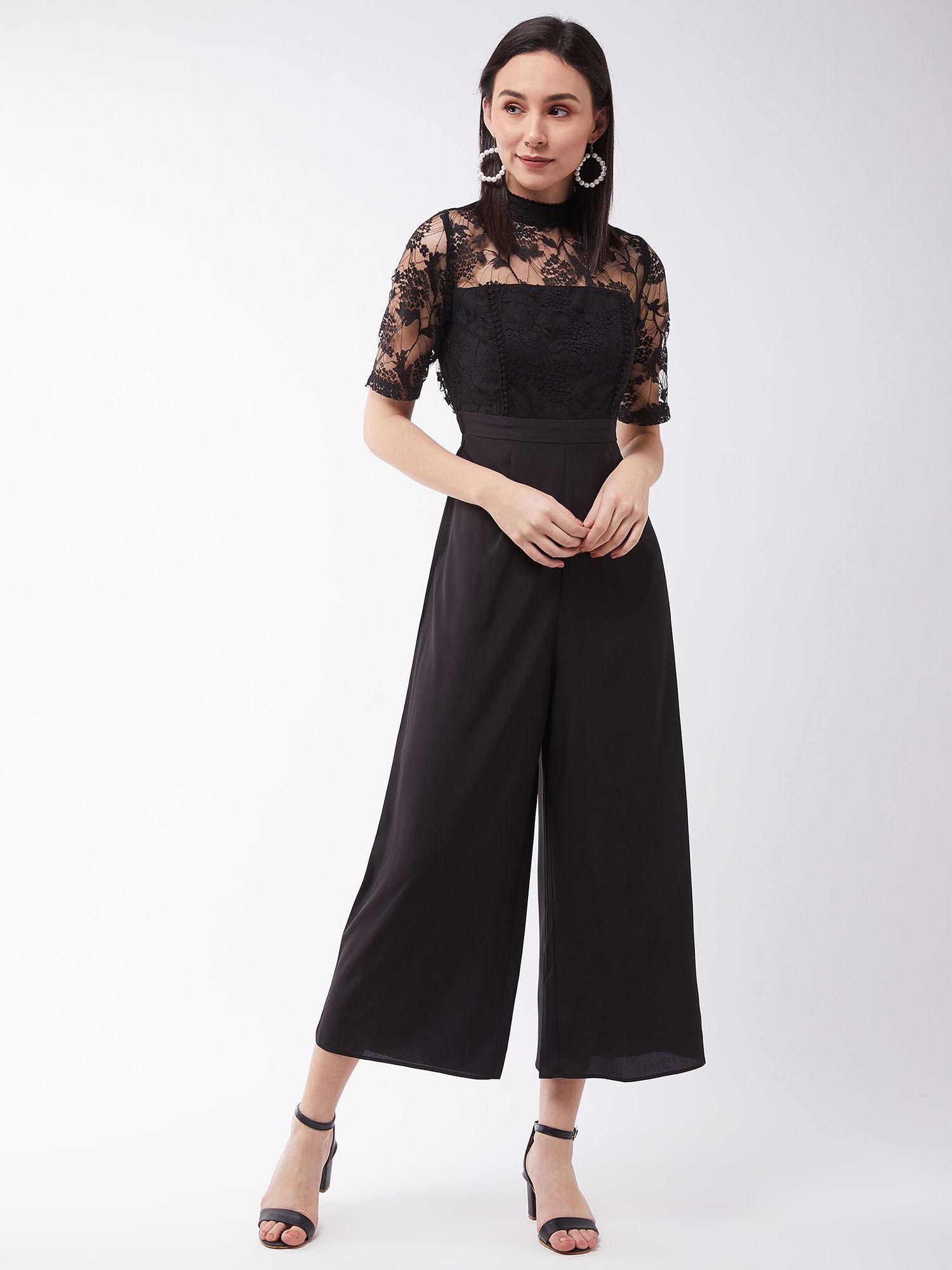 women's black floral crepe polo neck short sleeve jumpsuit