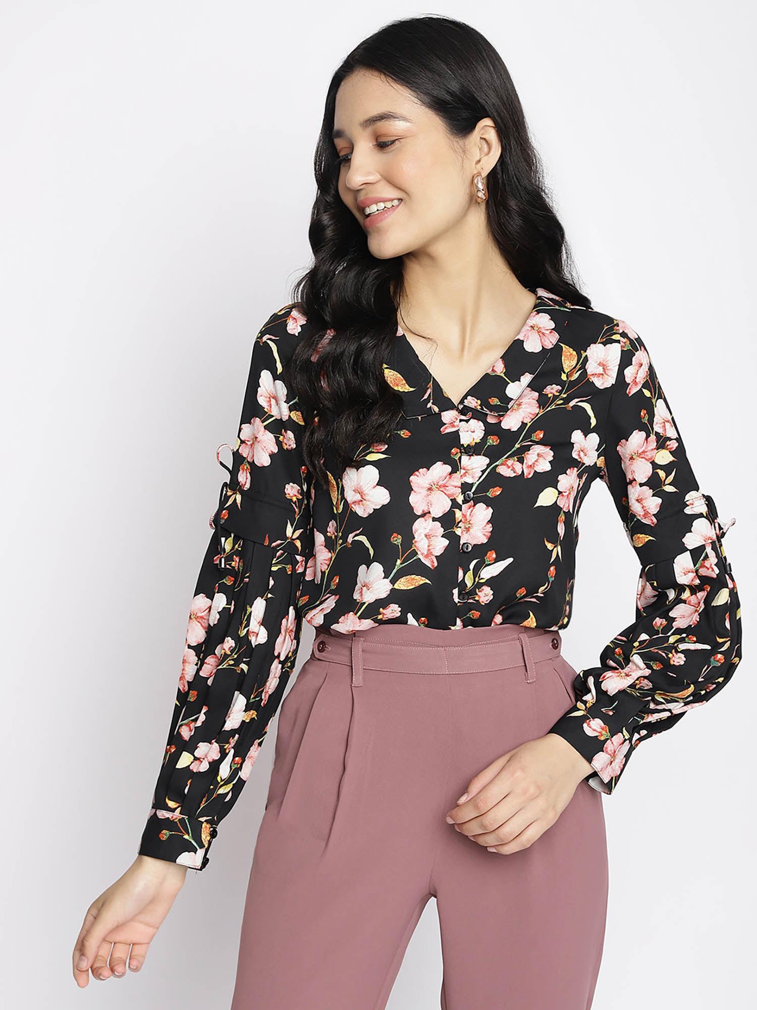 women's black floral full sleeve floral top