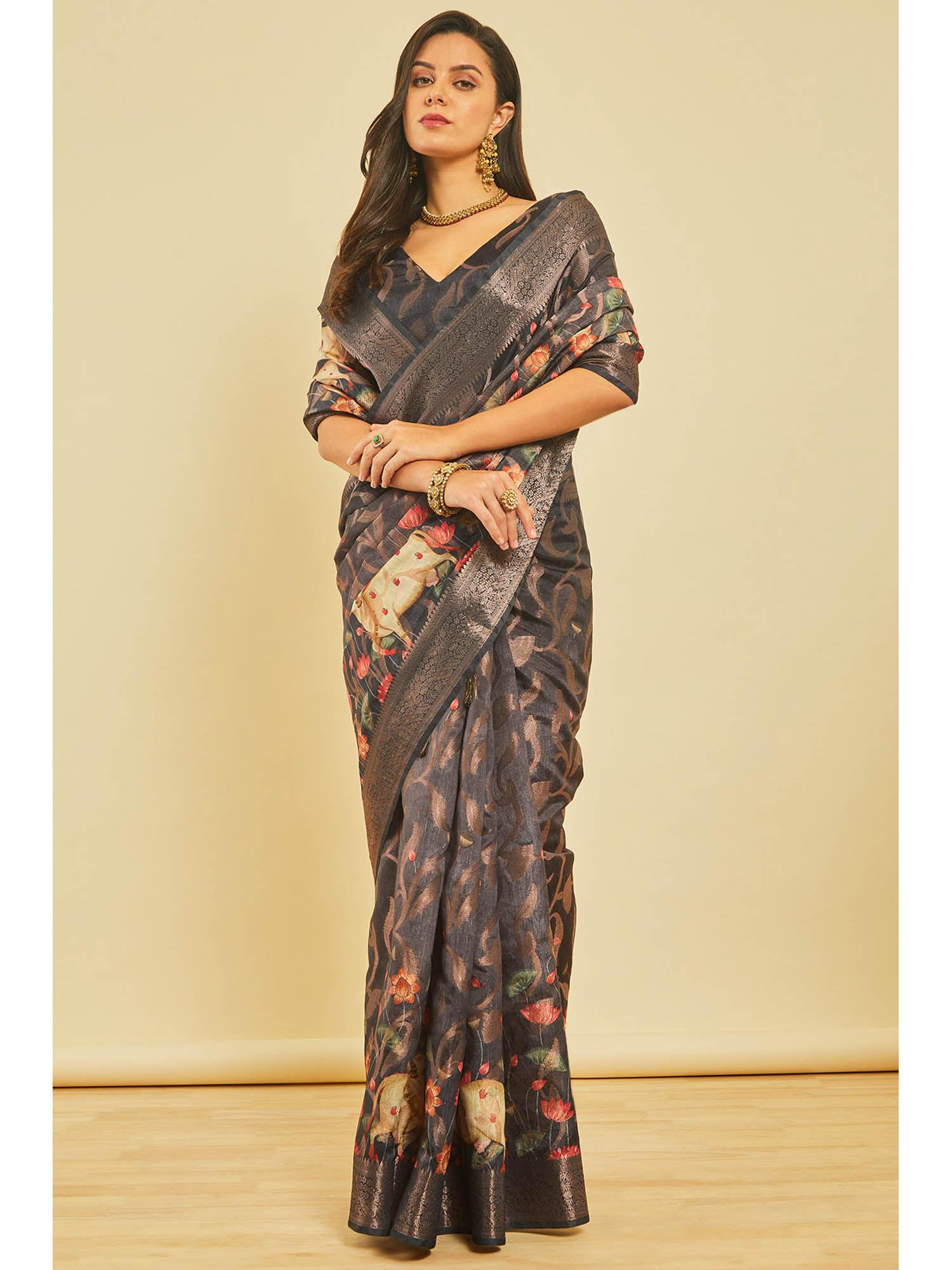 women's black floral print chanderi jacquard weave saree with unstitched blouse