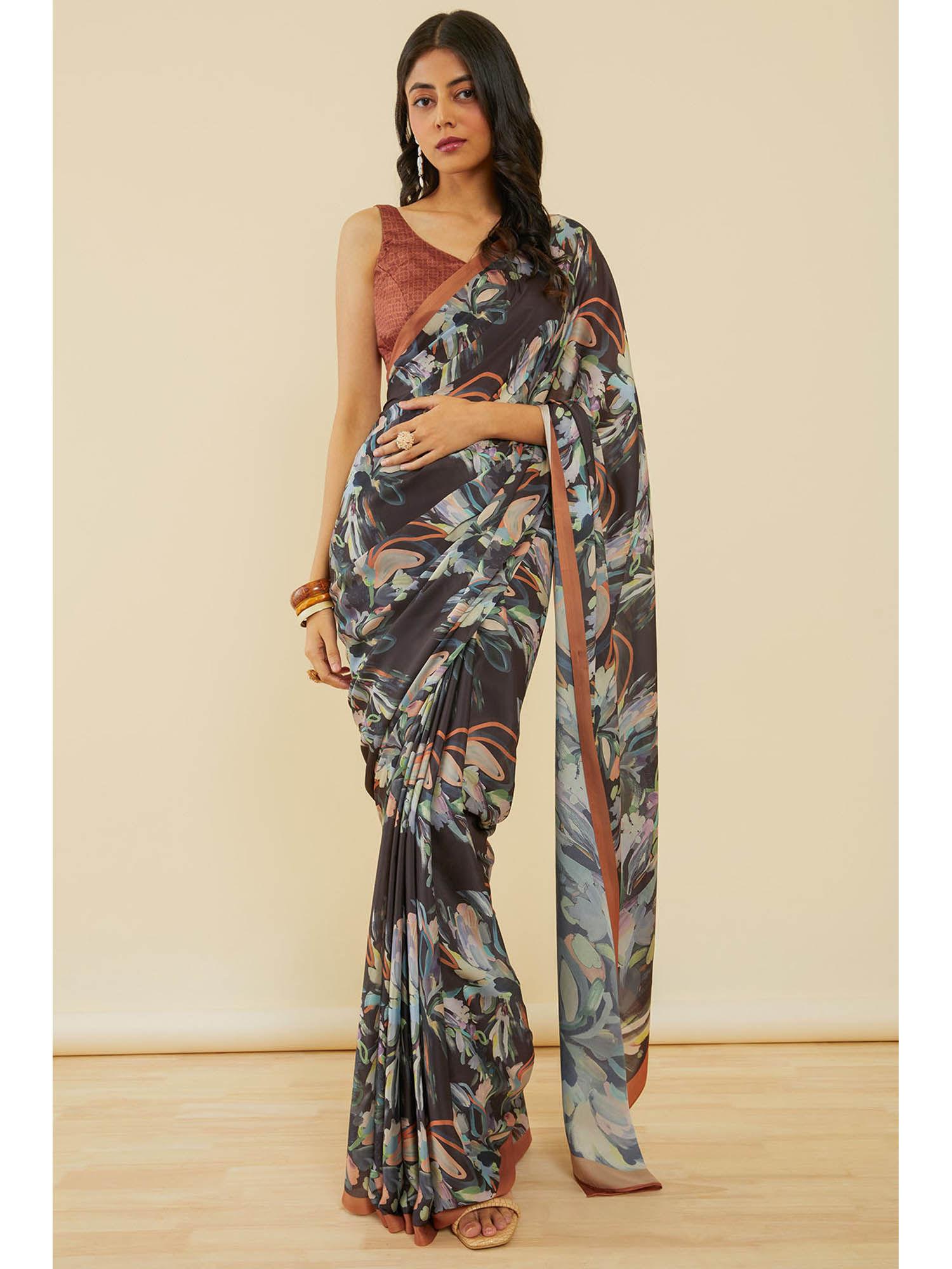 women's black floral print crepe saree with unstitched blouse