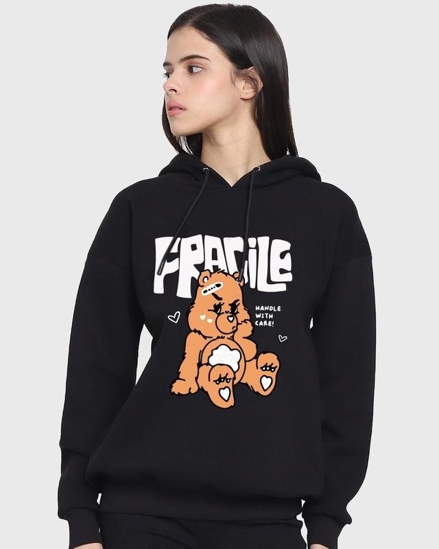 women's black fragile graphic printed oversized hoodies