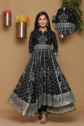 women's black georgette printed anarkali kurta with poly crepe straight palazzo - black