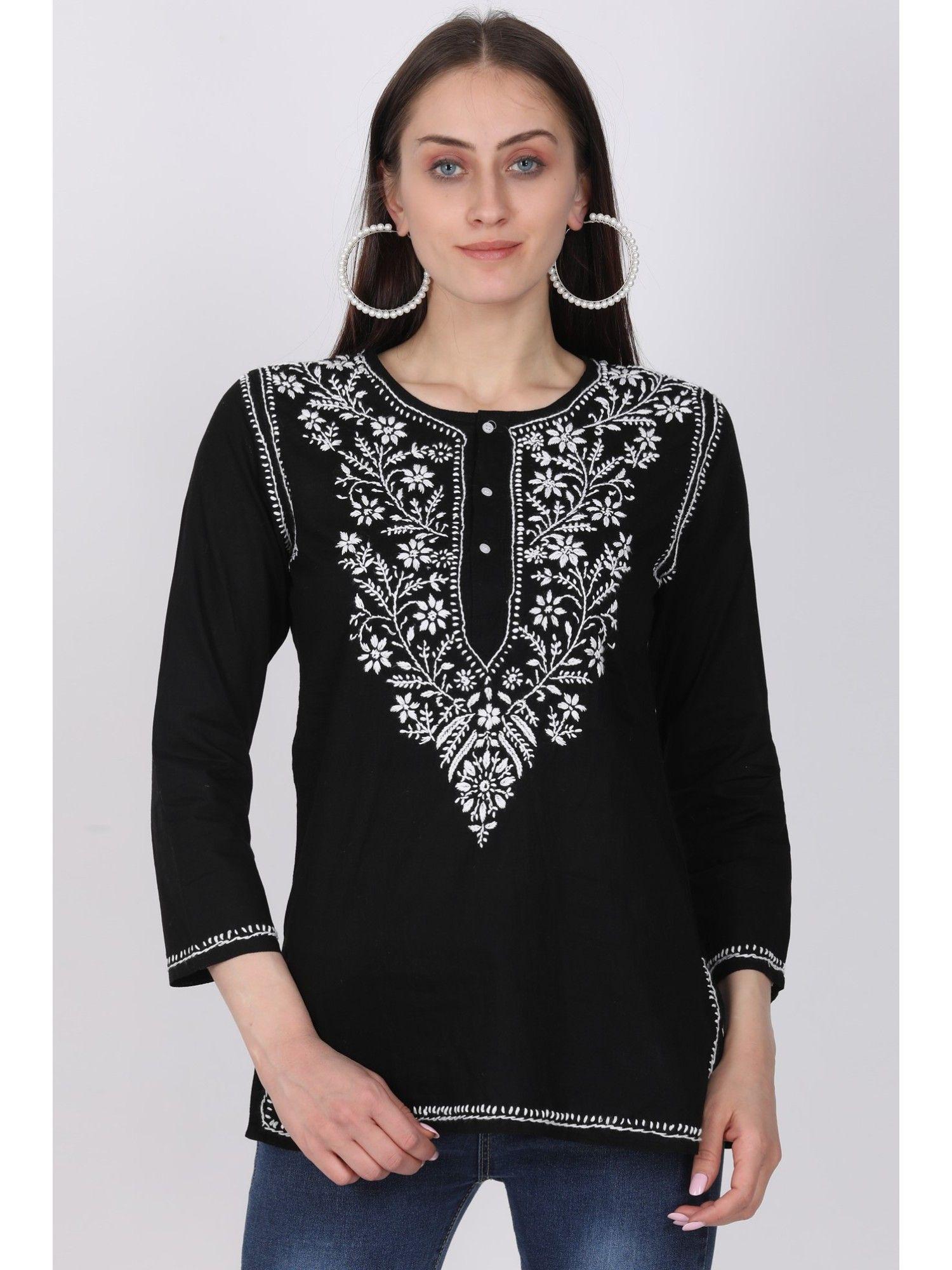 women's black hand embroidered chikankari cotton short tunic