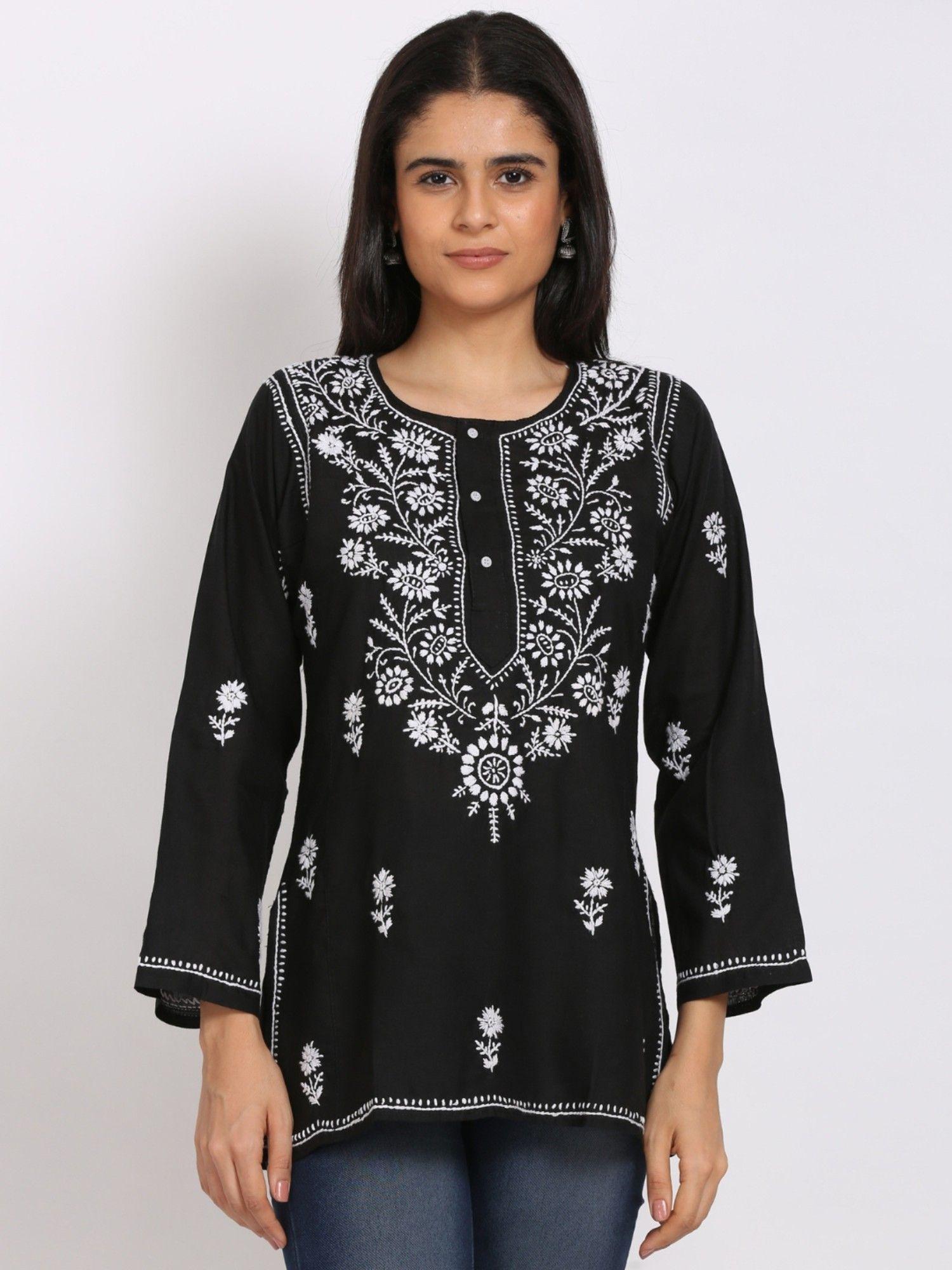 women's black hand embroidered chikankari cotton short tunic