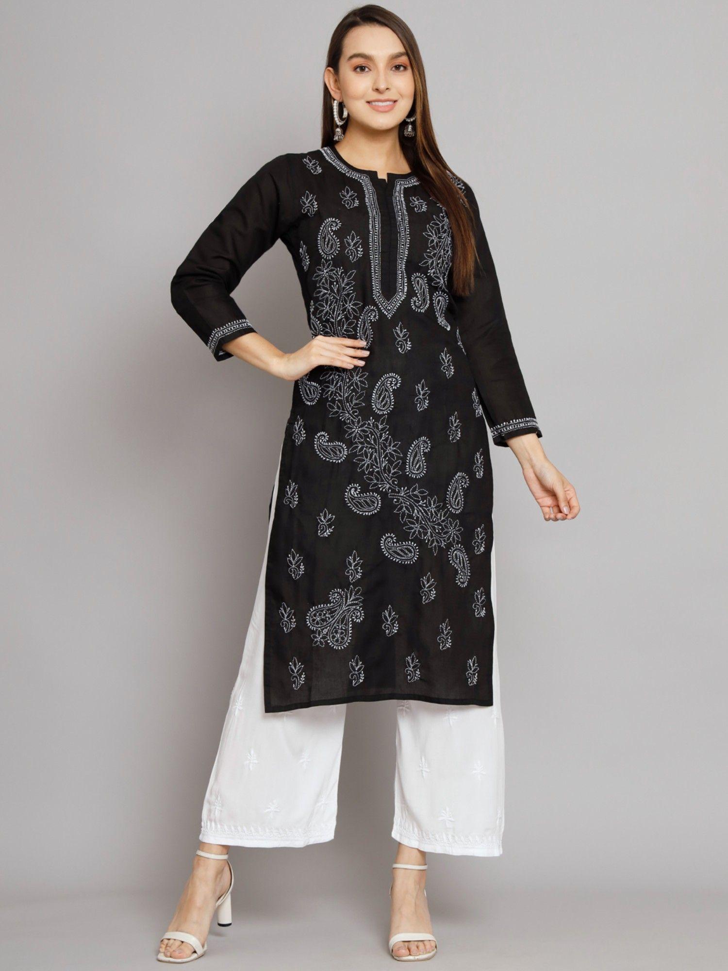 women's black hand embroidered chikankari cotton straight kurta