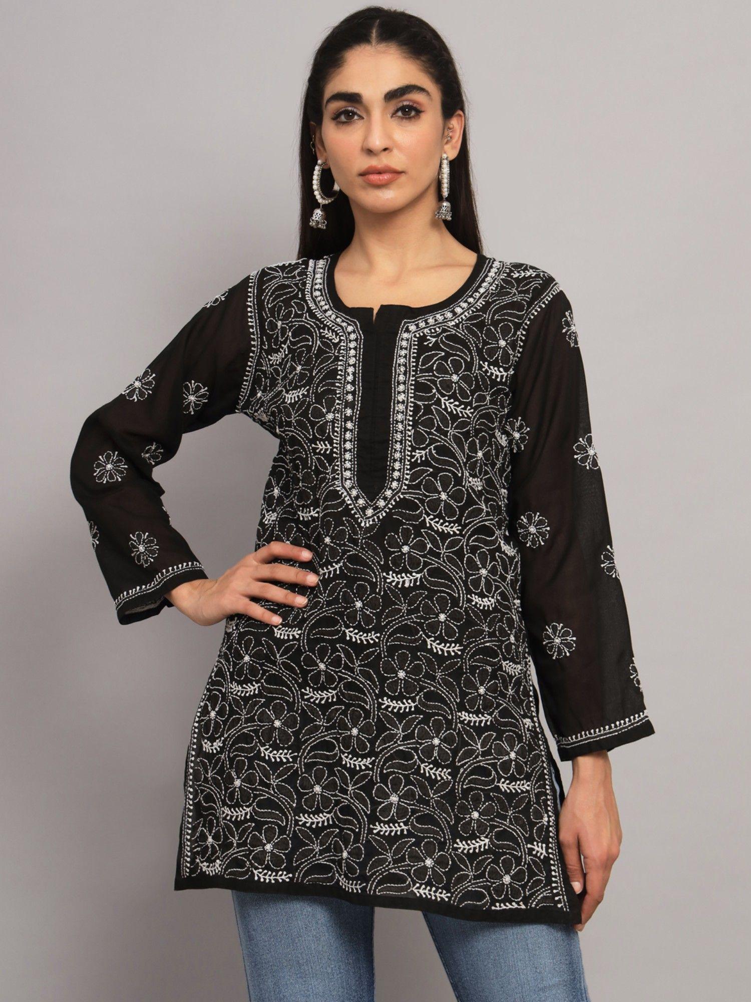 women's black hand embroidered chikankari floral cotton kurti