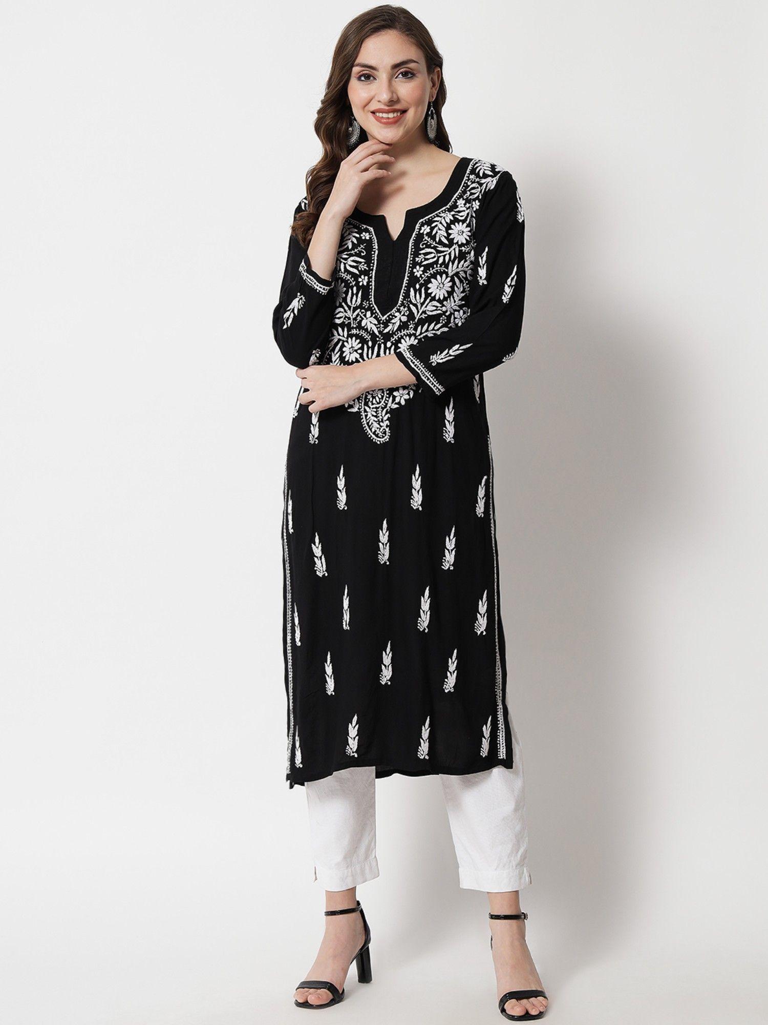 women's black hand embroidered chikankari rayon straight kurta