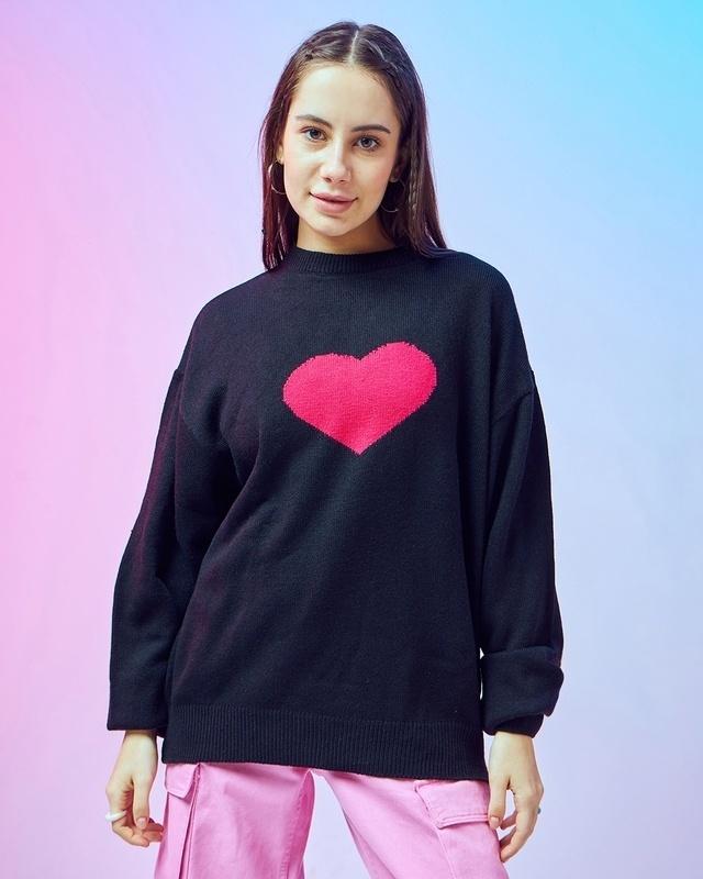 women's black heart graphic printed super loose flatknit sweater