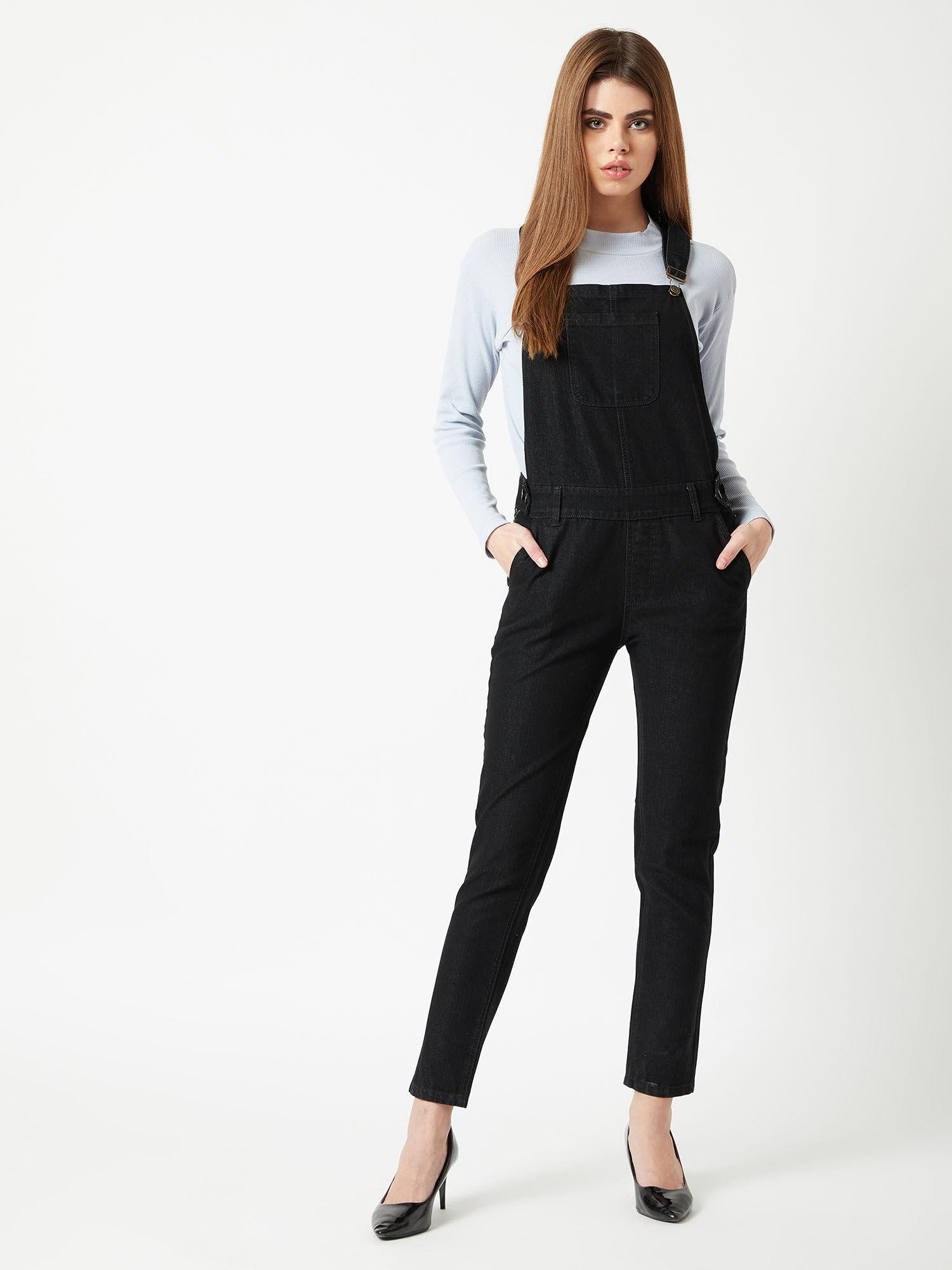 women's black high rise clean look regular stretchable skinny denim dungaree