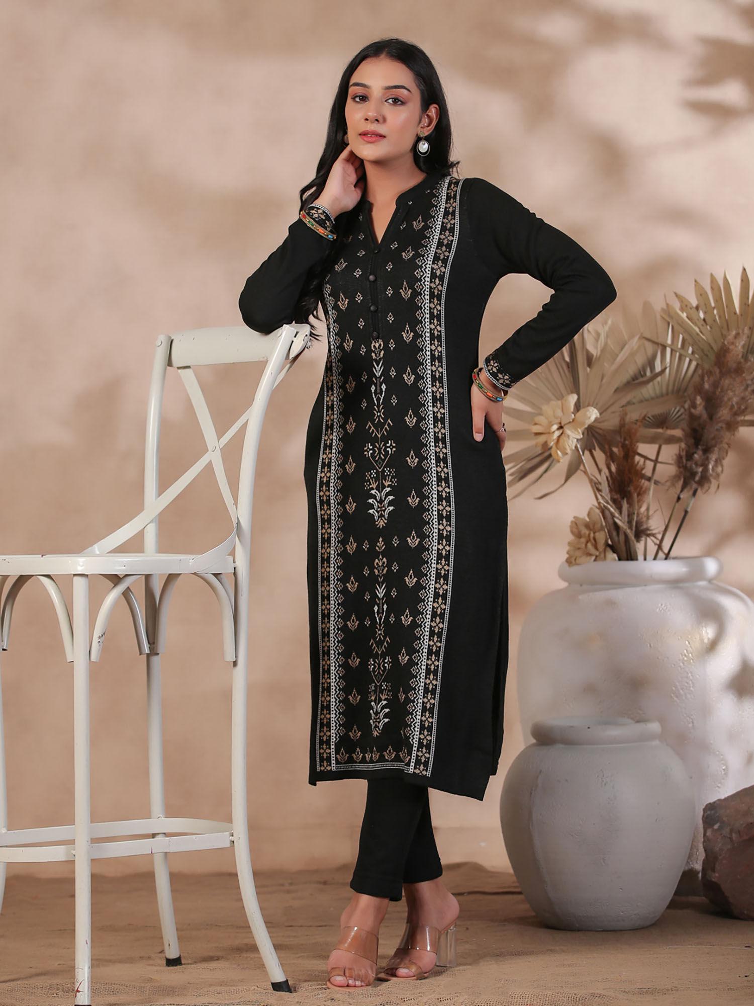 women's black jacquard style ethnic motifs straight winterwear kurta