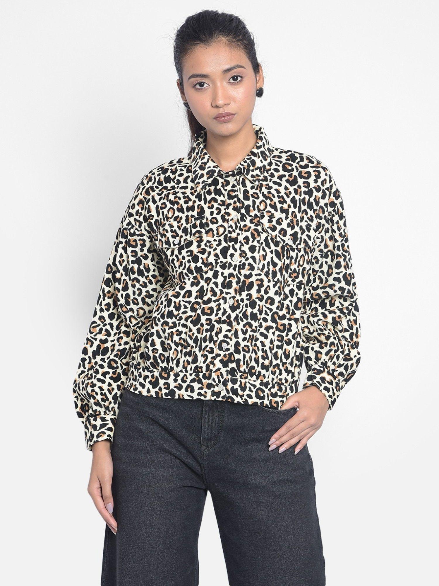 women's black leopard printed crop length shirt