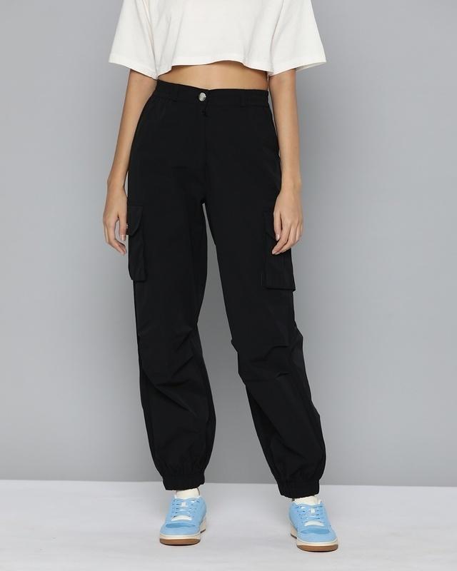 women's black loose comfort fit cargo parachute pants