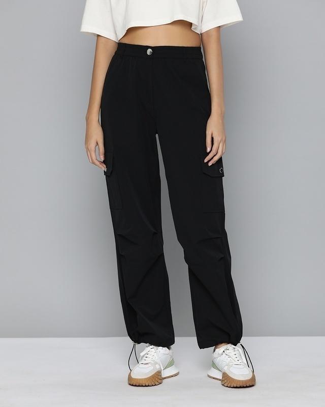 women's black loose comfort fit cargo parachute pants