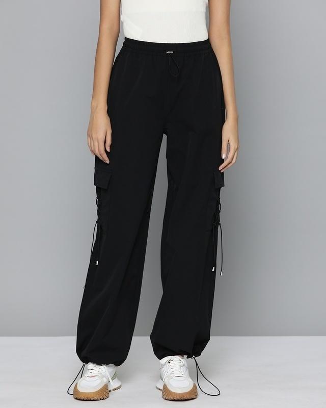 women's black loose comfort fit cargo parachute pants