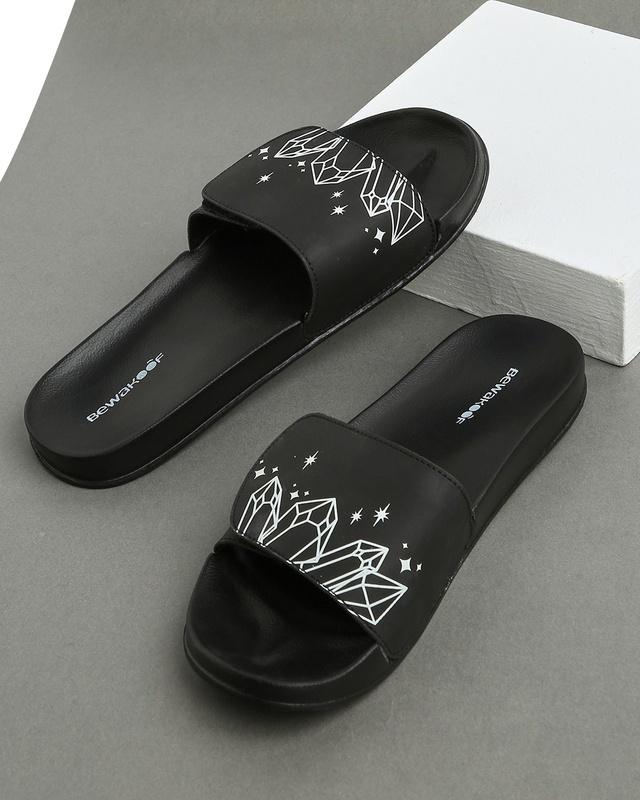 women's black mystic crystals printed velcro sliders