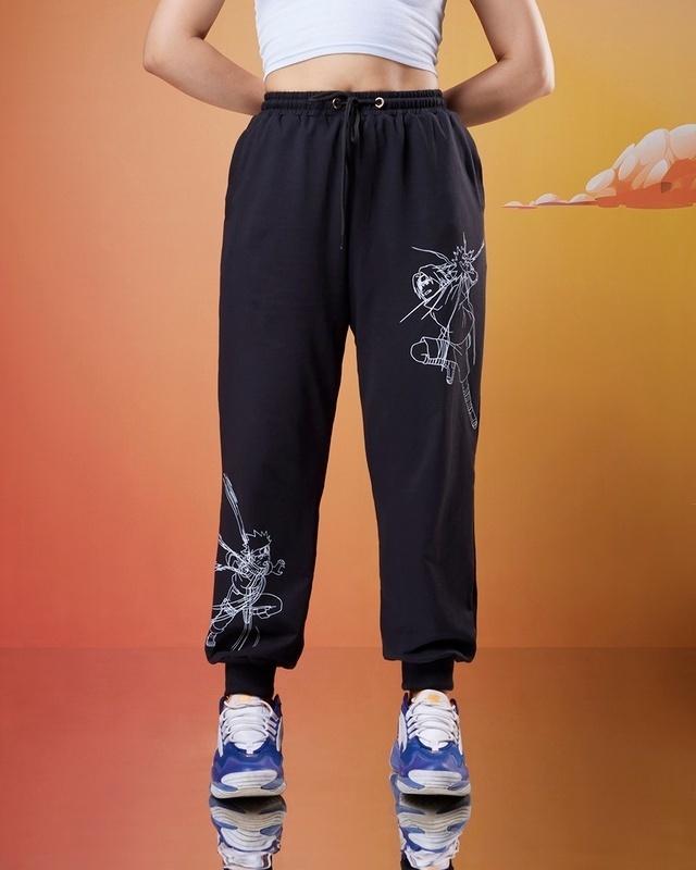 women's black naruto pose graphic printed super loose fit joggers