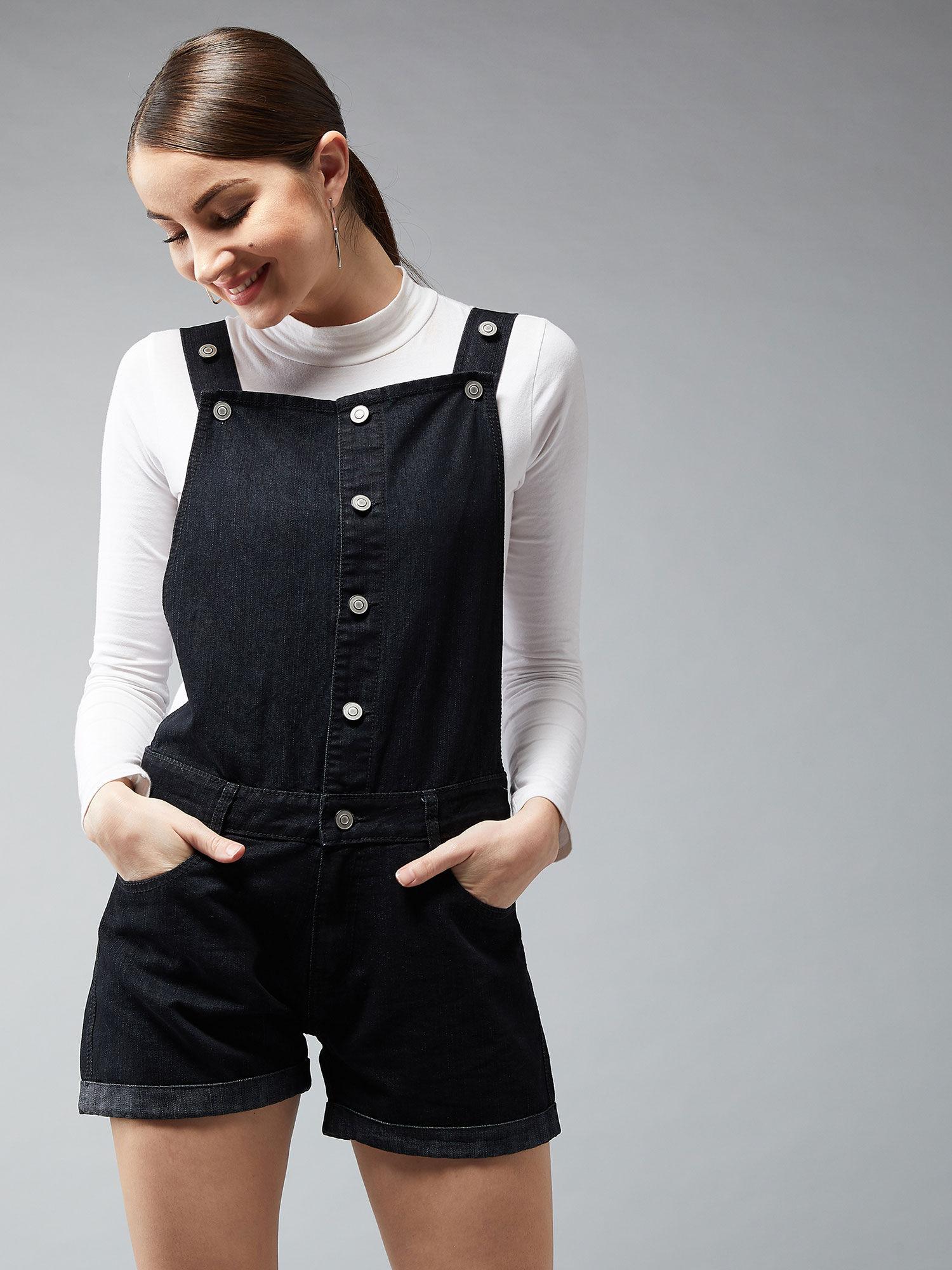 women's black non-stretchable solid mid rise regular length denim dungarees