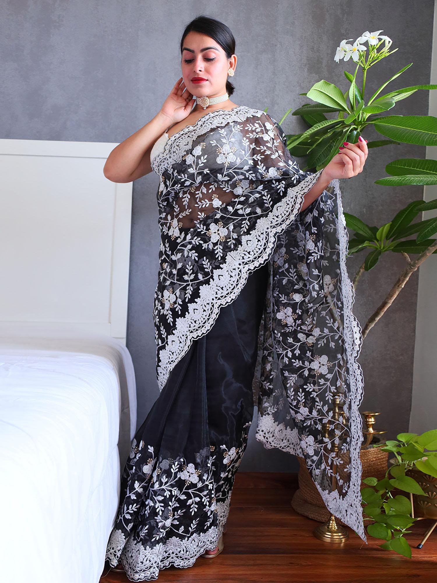 women's black organza saree with unstitched blouse