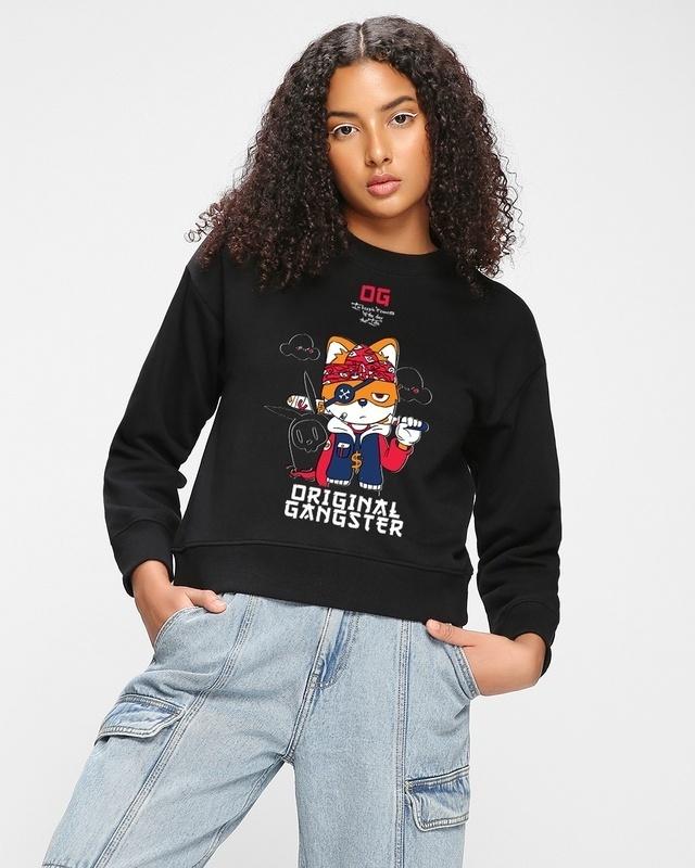 women's black original gangster graphic printed oversized sweatshirt