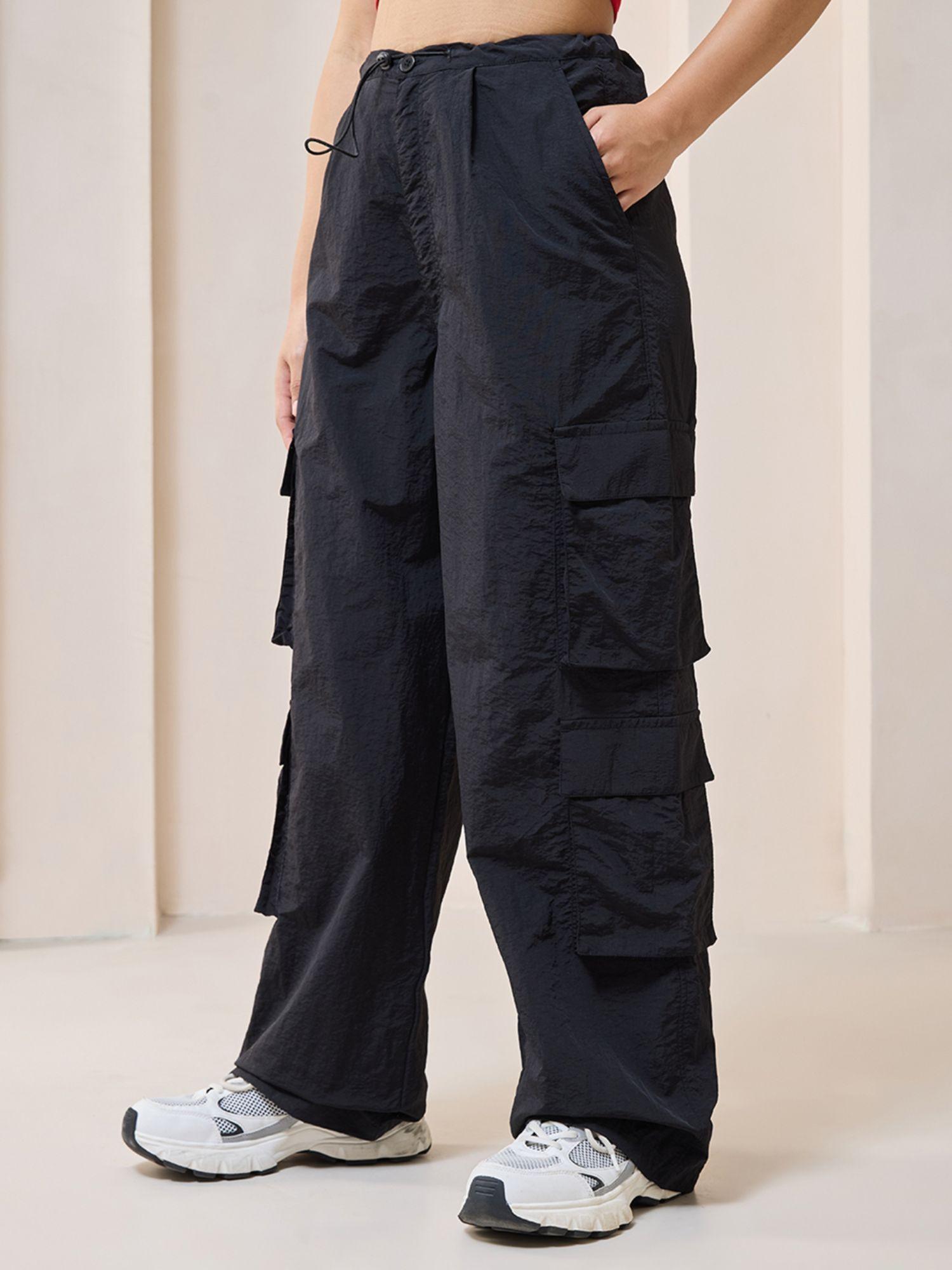 women's black oversized cargo parachute pants