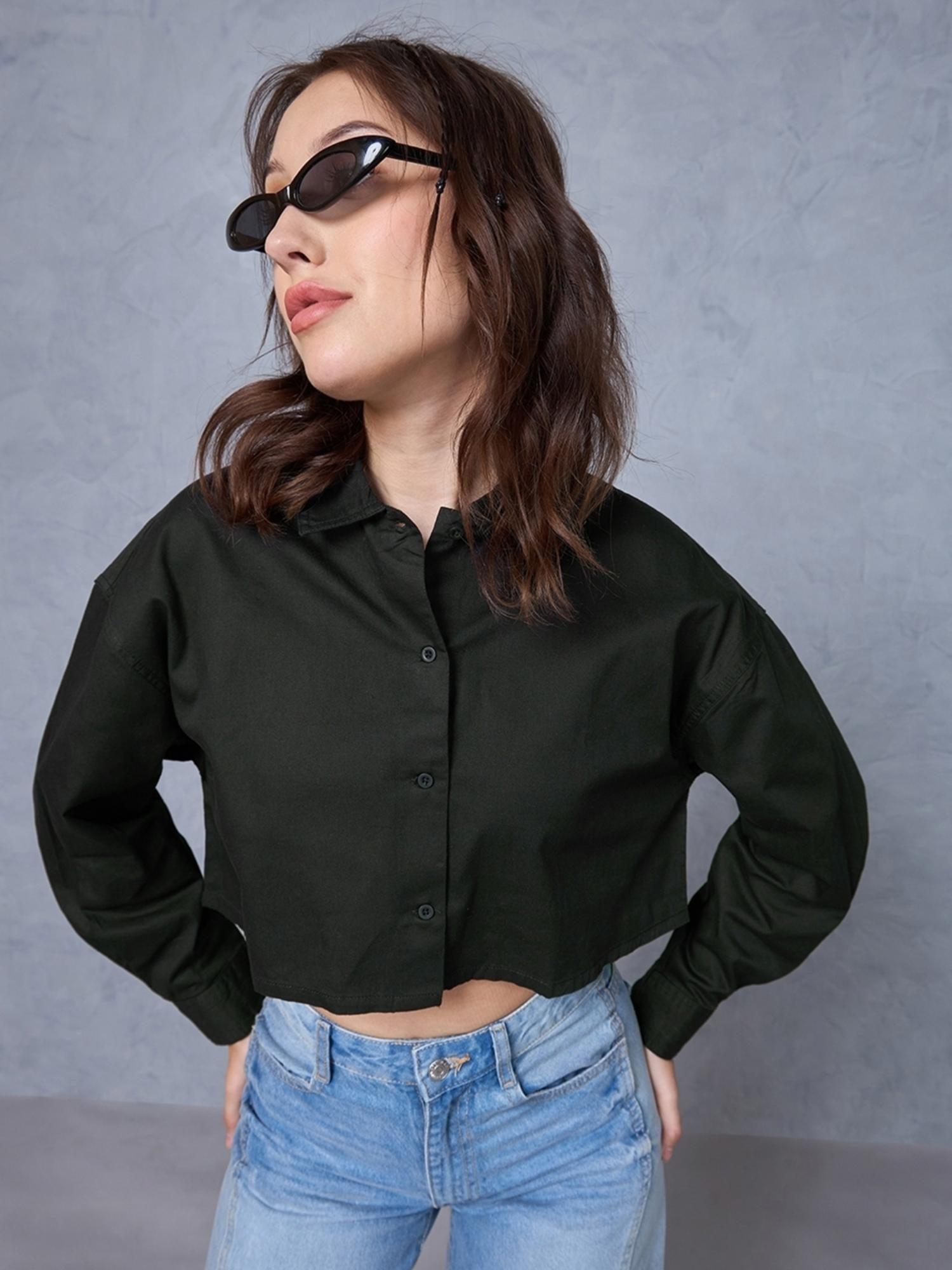 women's black oversized crop shirt