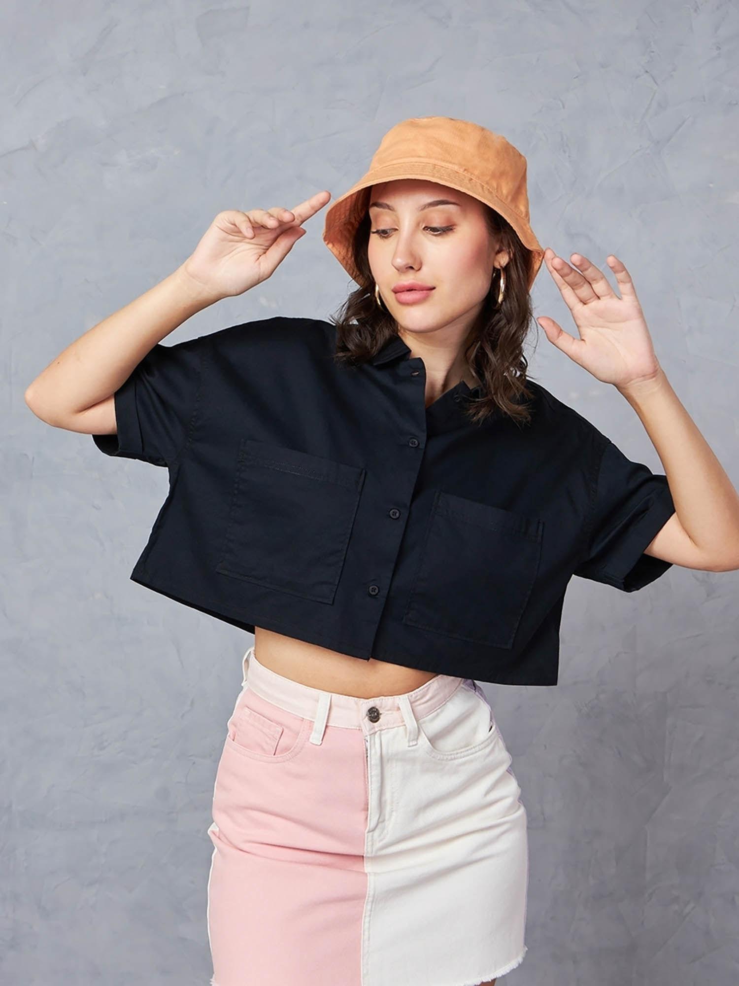 women's black oversized cropped shirt